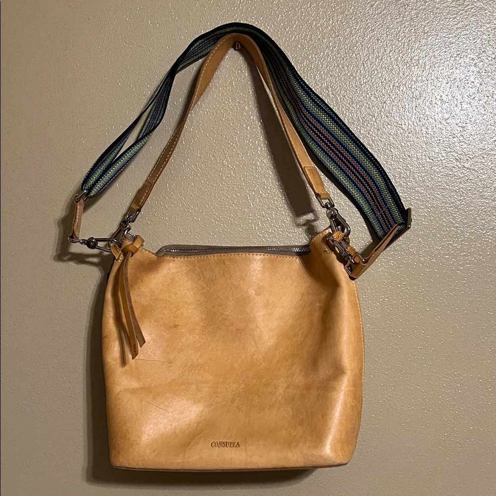 Consuela Tan Leather Shoulder Bag with Multicolor Strap
